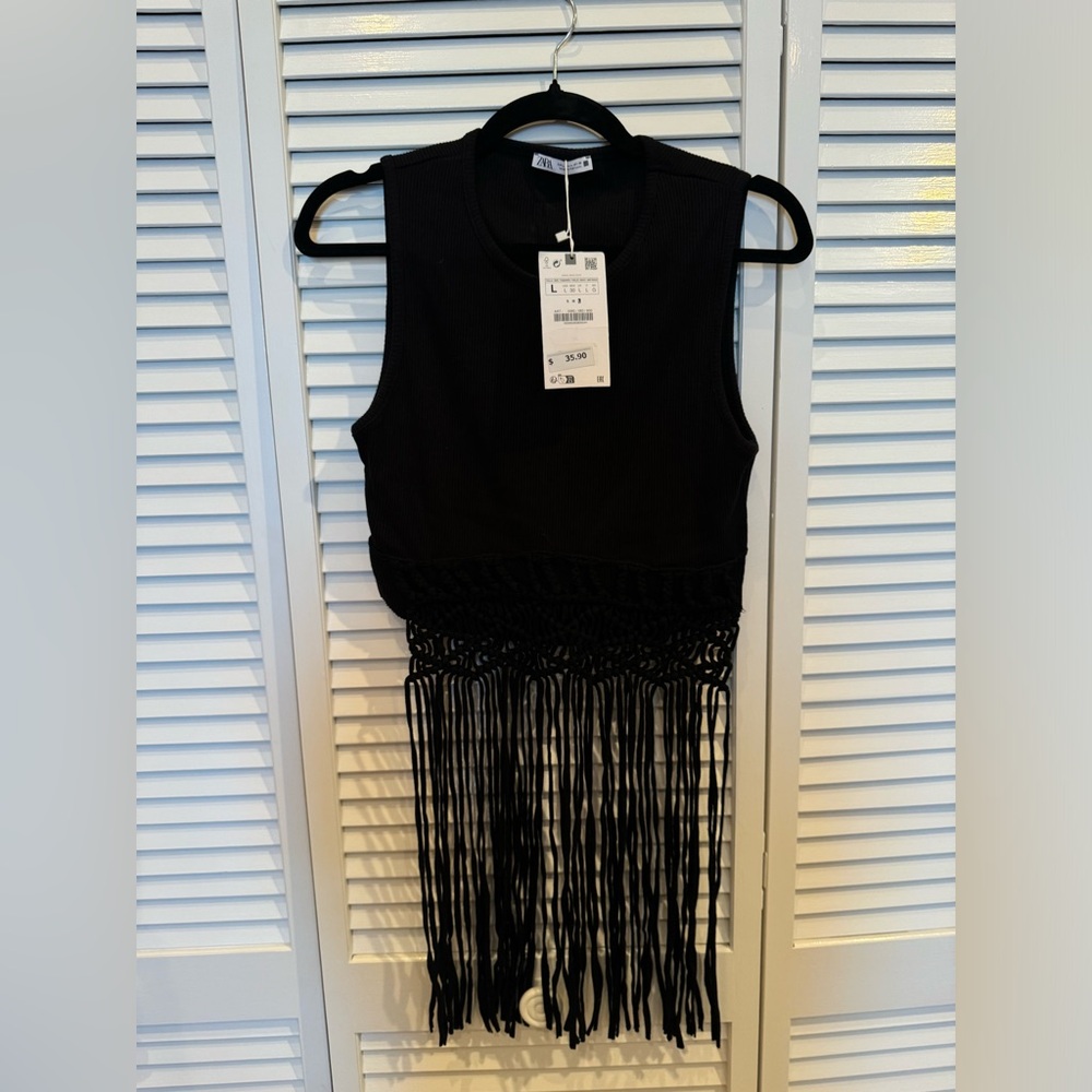 Zara Fringe Sleeveless Top Black NWT Size Large - Picture 3 of 3